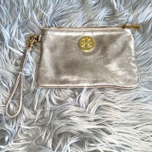 EUC Tory Burch Metallic Gold Leather Wristlet Clutch Purse Bag Small
